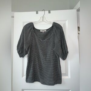 LOFT Black & White Striped Puff Sleeve Scoop Neck Top